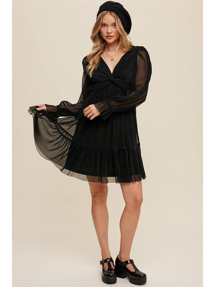 Black Pleated Chiffon Open Back Mini Dress LD1283 for wholesale on Faire9