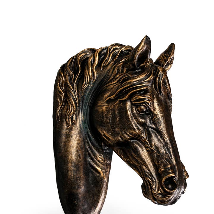 Cabeza de pared de caballo grande con efecto de bronce envejecido para venta al por mayor de McGowan & Rutherford Ltd