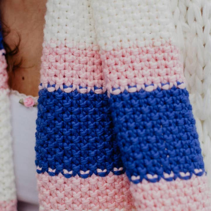 Pink/Blue/Cream Stripes Crochet Scarf for wholesale on Faire