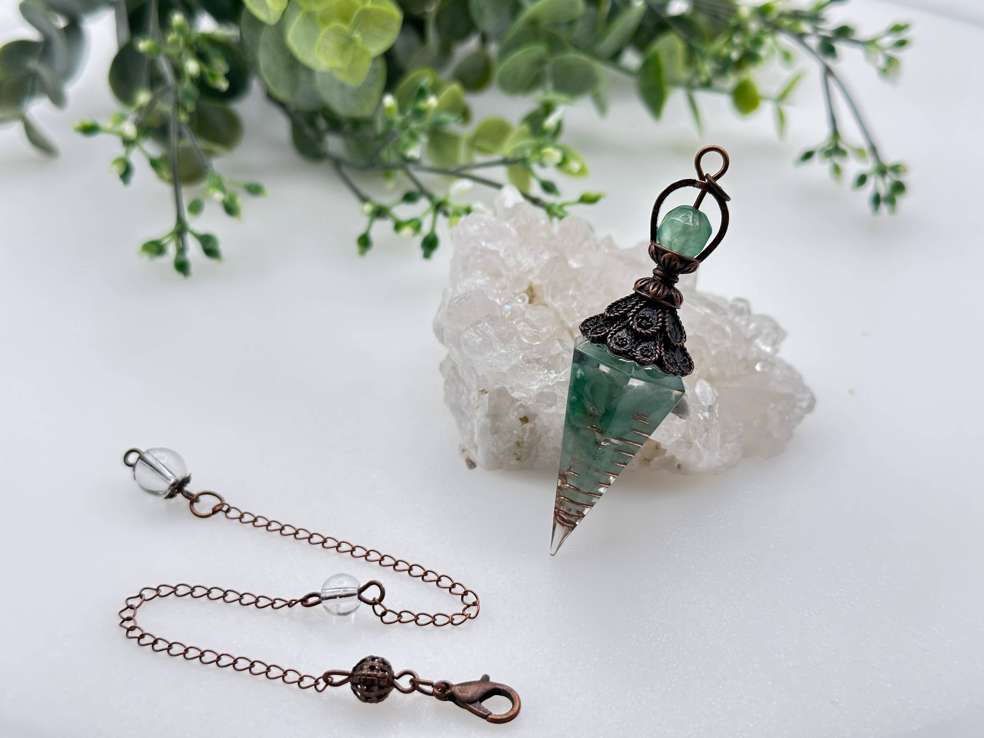 Meraki Gemstones - Wholesale Pendulum Board - Green Aventurine Gemstone Chips w/ Copper & Resin Pendulum1