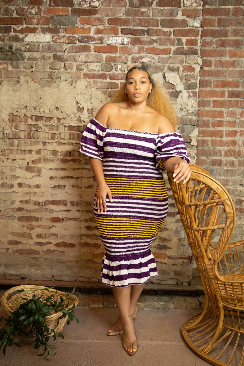 Besida - Wholesale Dress - Women's - Angelonia Striped Smocked Women's Midi Length Dress2