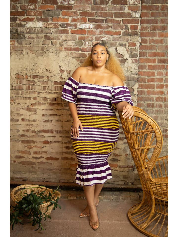 Besida - Wholesale Dress - Women's - Angelonia Striped Smocked Women's Midi Length Dress2