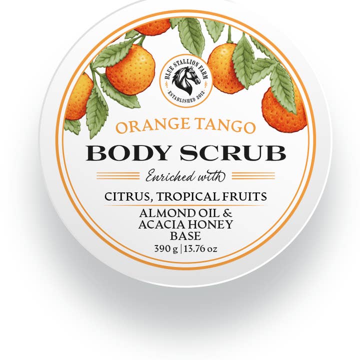ORANJE TANGO AMANDEL OLIE & ACACIA HONING SUIKER LICHAAMSSCRUB voor wholesale door Blue Stallion Farm