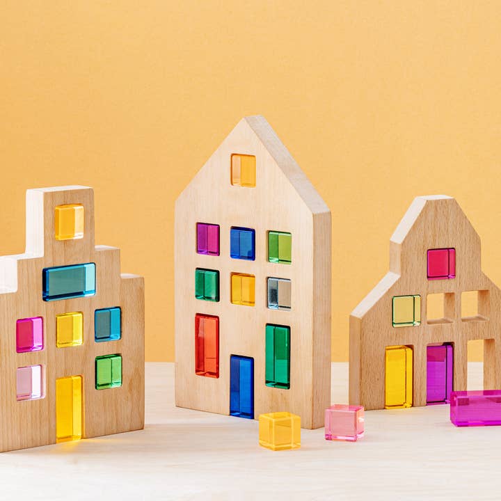 Veelkleurig Riley City houten bouwblokken en lucite stenen set voor groothandel op Faire7