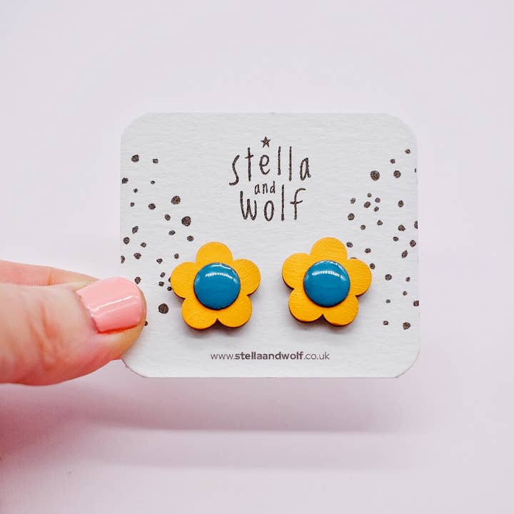 Orange and Teal retro flower earrings for wholesale by Stella and Wolf