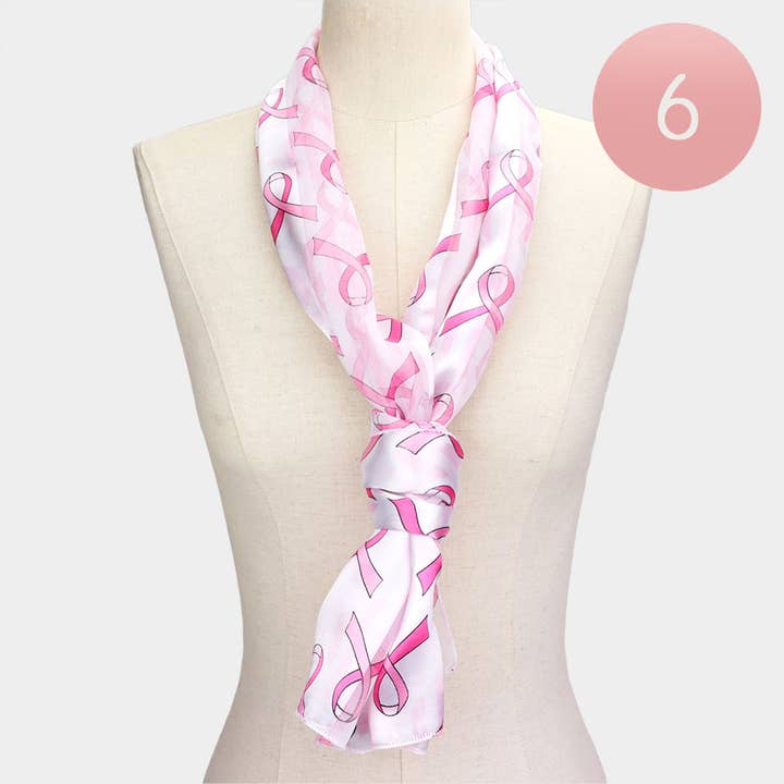 6PCS - Écharpes imprimées motif ruban rose à rayures satinées effet soie pour la vente par Sensibling Corp.