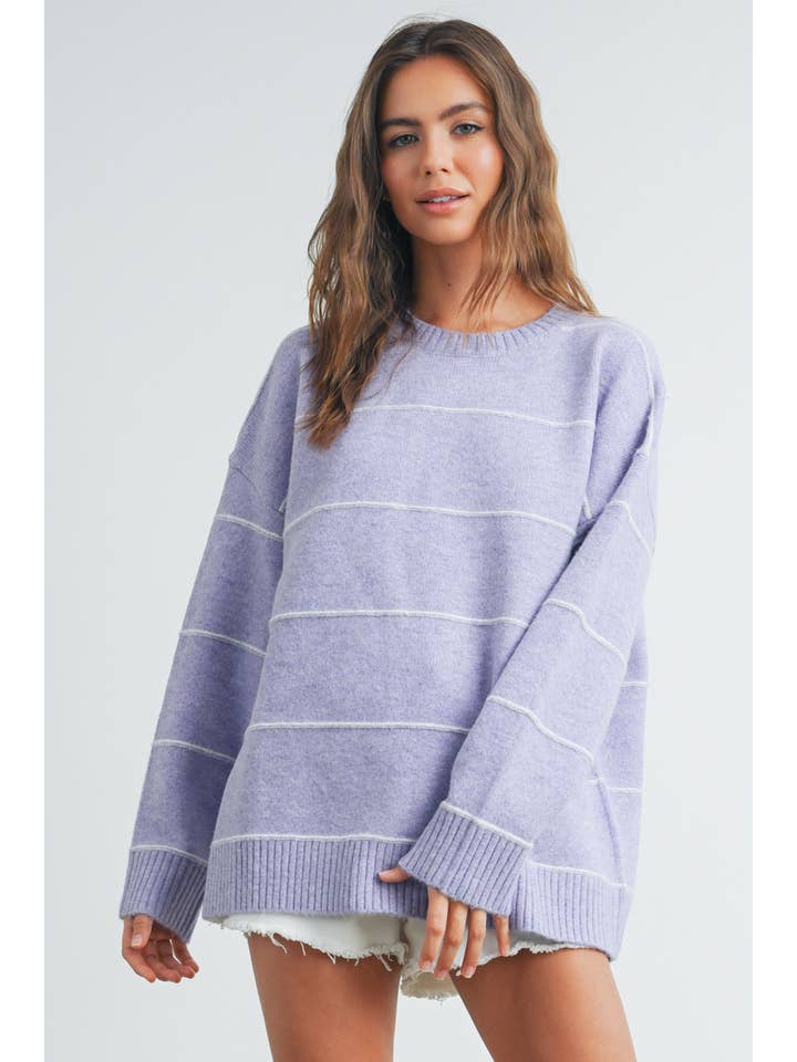 BUTTERMELON - Wholesale Knitted jumper – Women′s - Striped Pattern Drop Shoulder Sweater - BMW742138