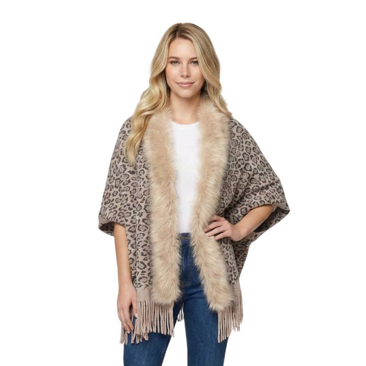 THSP1048: Mushroom: Faux Fur Leopard Sleeve Cape Wrap for wholesale by Taylor Hill Scarves & Co