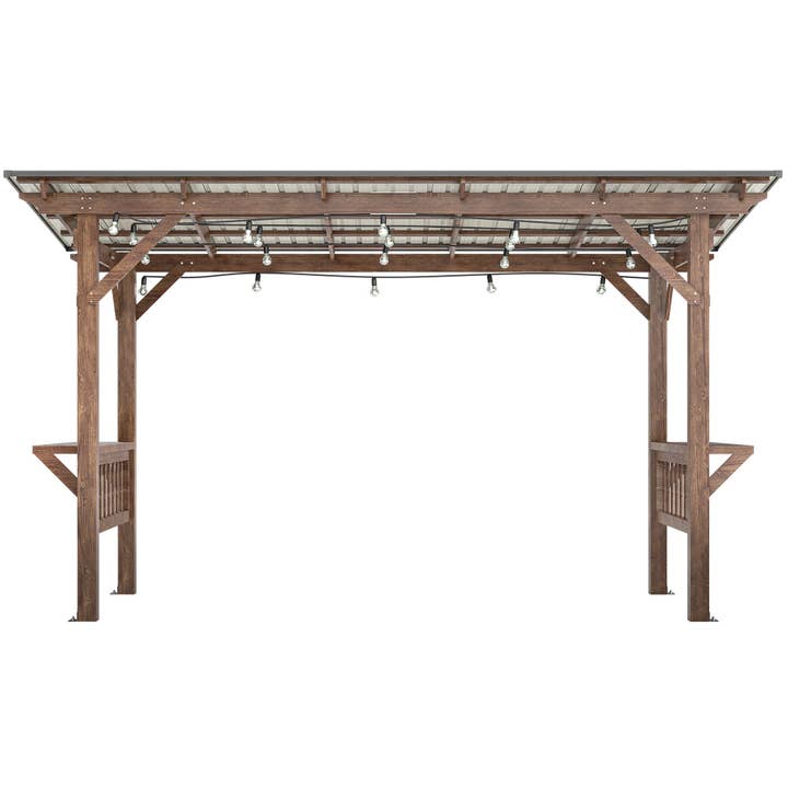 39F Inc. - Wholesale Outdoor Ornament/Decor - 13'x6.5' Wooden Pergola Grill Gazebo w/Metal Roof & Bulbs10