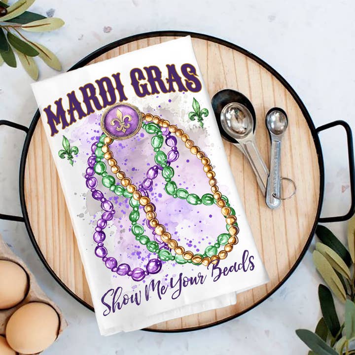 Mardi Gras Show Me Your Beads New Orleans Tea Towel for wholesale by Avery Lane Gifts