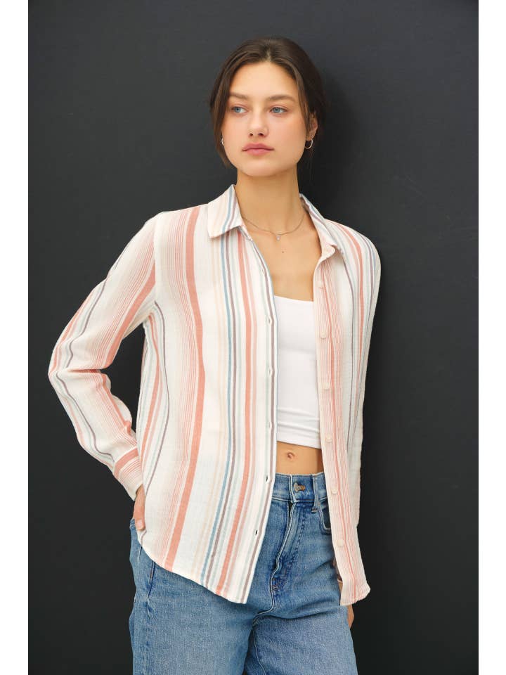 Be Cool - Wholesale Button Down Shirt - Women's - STRIPED GAUZY BUTTON UP TOP W/ ROLL UP SLEEVES