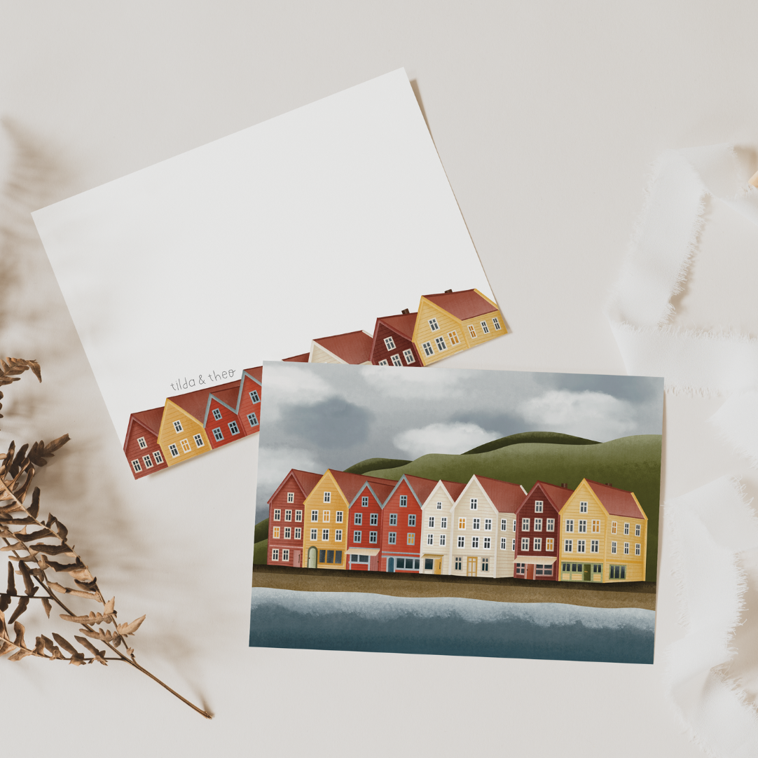Tilda&Theo - Wholesale Birthday Card - Postcard Norway Houses in Bergen Map Travel Fjords3
