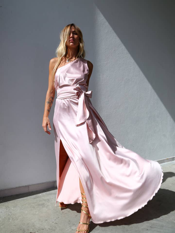 P3160 LONG ONE-SHOULDER DRESS WITH PINK BELT for wholesale by Moqette