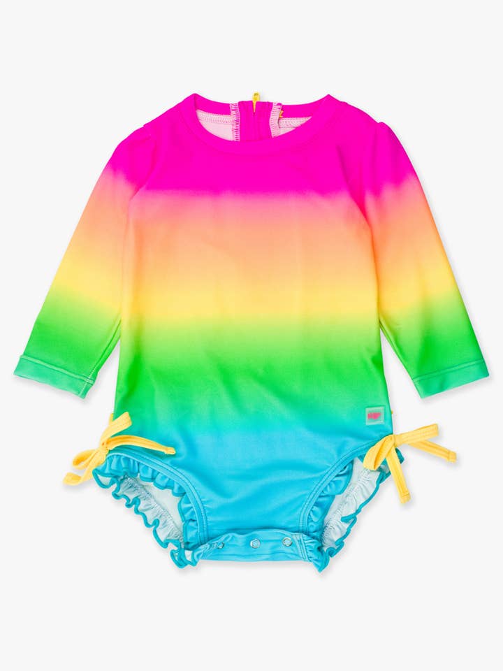 Orange Baby Girls Neon Sunset Long Sleeve One Piece Rash Guard Swimsuit with Signature Rear Ruffles
for wholesale on Faire