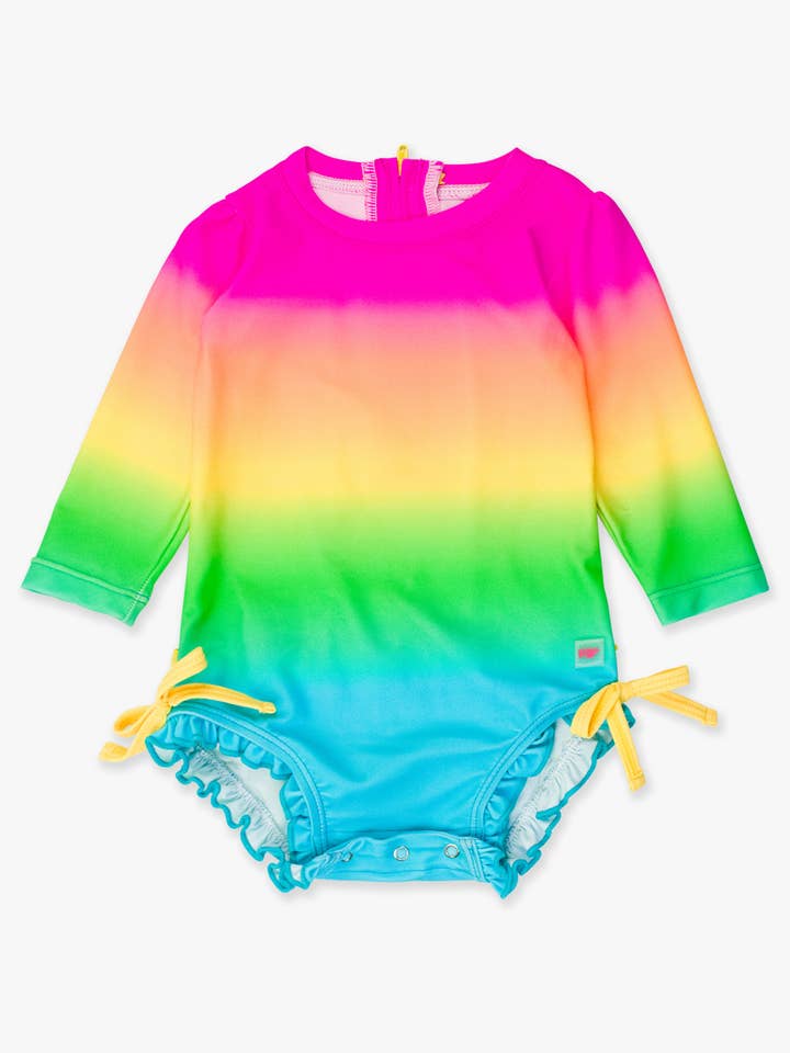 Baby Piger Neon Sunset Langærmet Heldragt Rash Guard Badedragt med Signatur Bagpå Flæser for engroshandel hos RuffleButts + RuggedButts