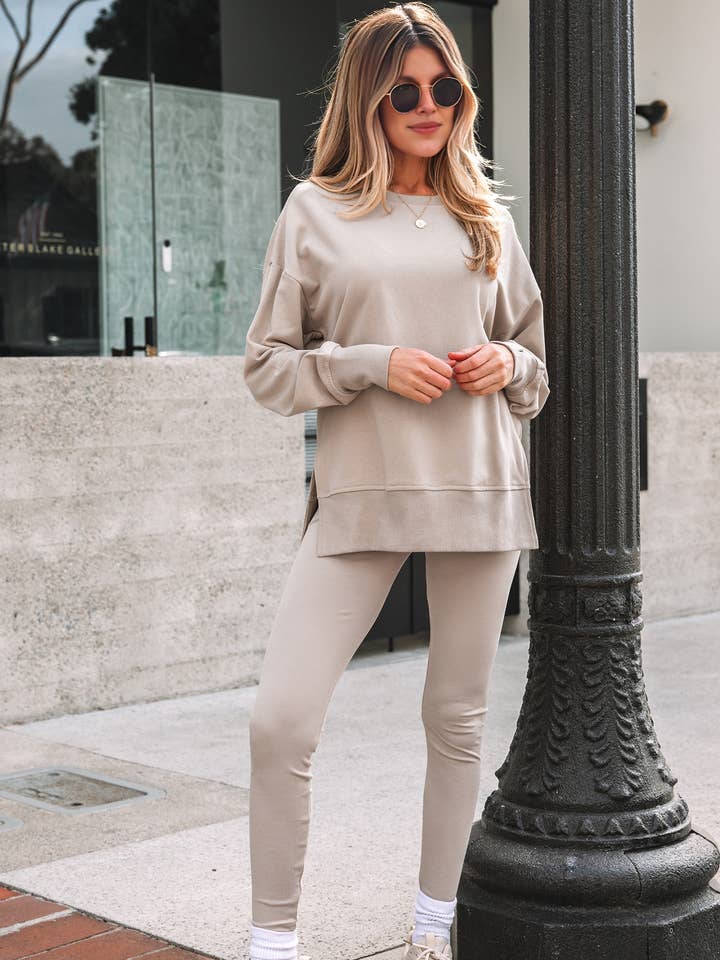 Oversize Slit Sweatshirt Ribbed Leggings 2pcs Set for wholesale by LiveFashionWay