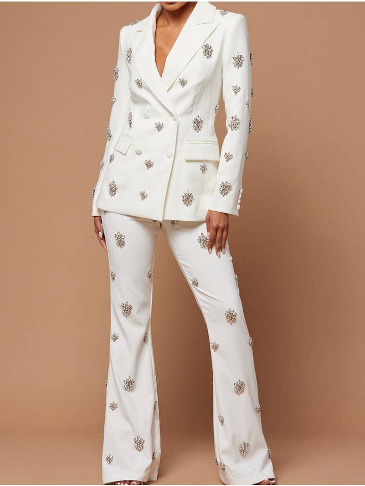 White SET8-11Y Diamond Beaded Suit Jacket & Flared Trousers Set for wholesale on Faire