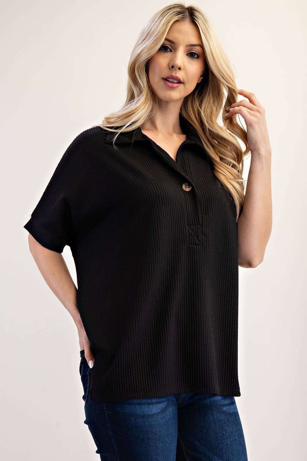 Celeste Clothing - Wholesale Knit Top - Women's - PLUS SIZE RIB KNIT COLLARED TOP WITH SHORT SLEEVES -CT2391338
