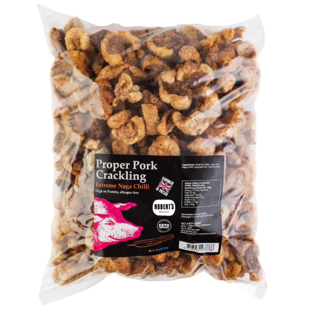 Robert’s Dorset – wholesale Puffed snack – Proper Pork Crackling 3L / 800g Refill Bag3