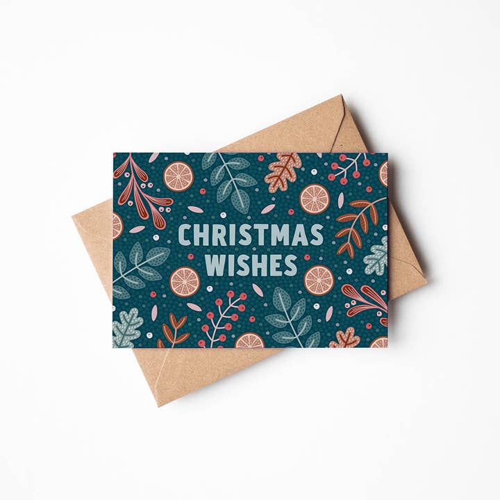 Dark Blue Christmas Wishes Botanical Christmas Card for wholesale by Jess A Little Creative