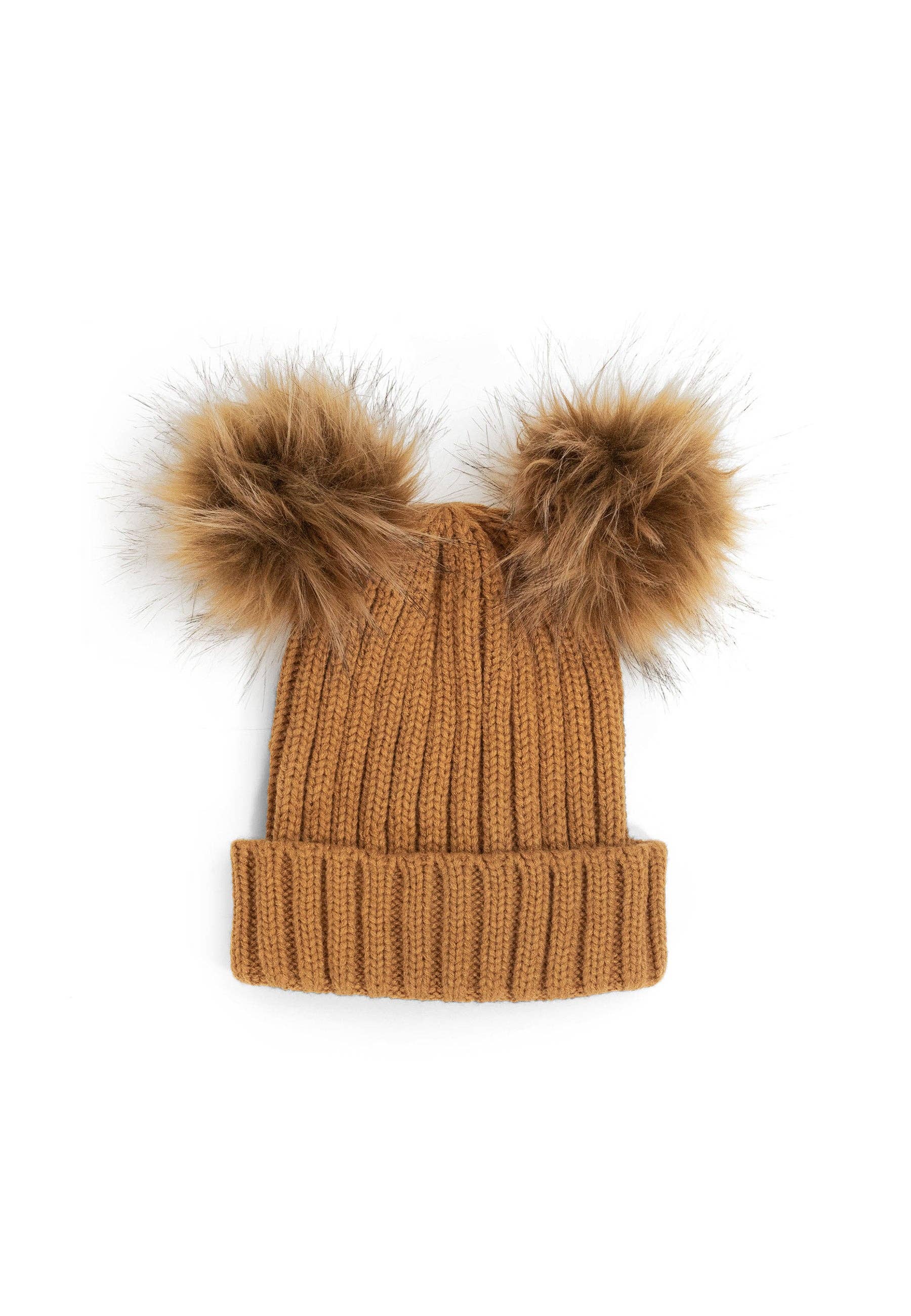 Knitted Double Fur Pom Beanie in Brown for wholesale on Faire