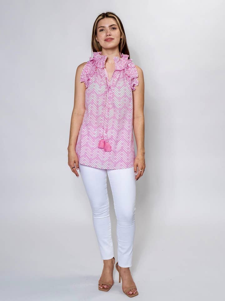 Dotted Chevron Time To Ruffle Sleeveless Top, Women's for wholesale by Carvalho Couture