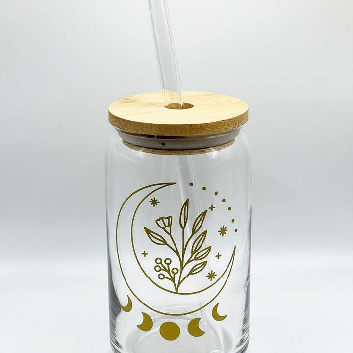 Kelli's Creations - Wholesale Drinking Glass/Cup - Moon with Flowers Iced Coffee Beer Can Glass4