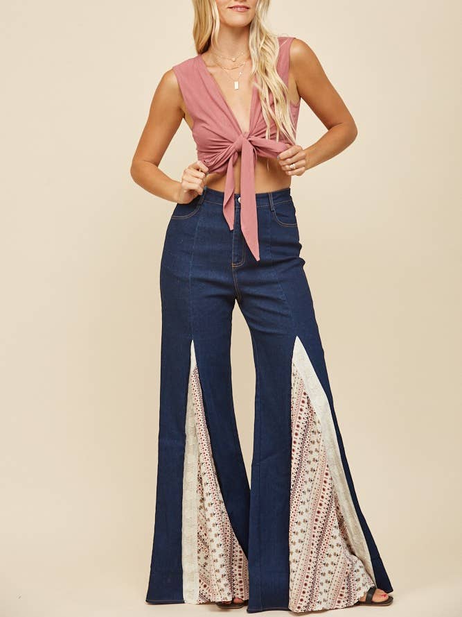 LACE DETAIL WIDE LEG JEANS 2481PIC for wholesale by WISTERIA LANE