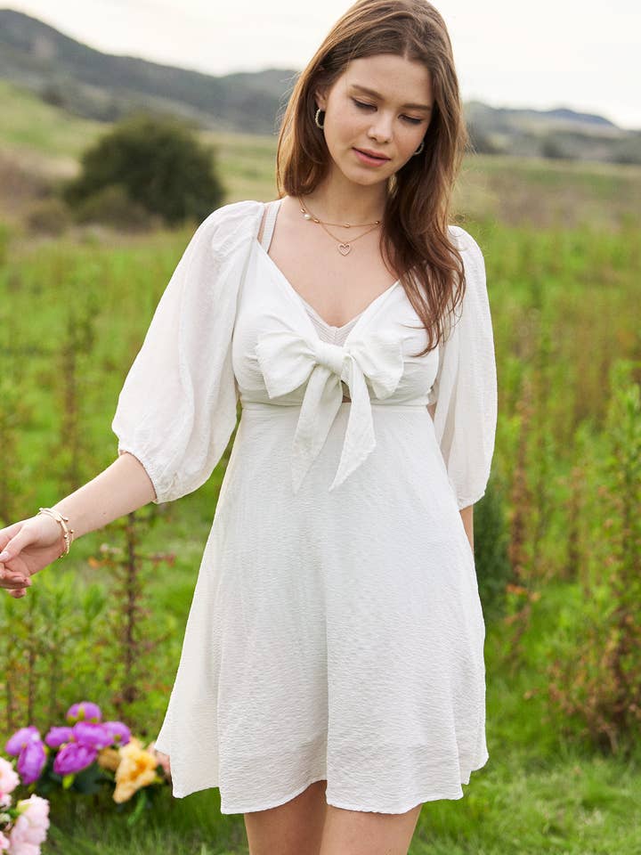 SELF-TIE PUFF SLEEVE SMOCKING OPEN BACK MINI DRESS for wholesale by Davi & Dani