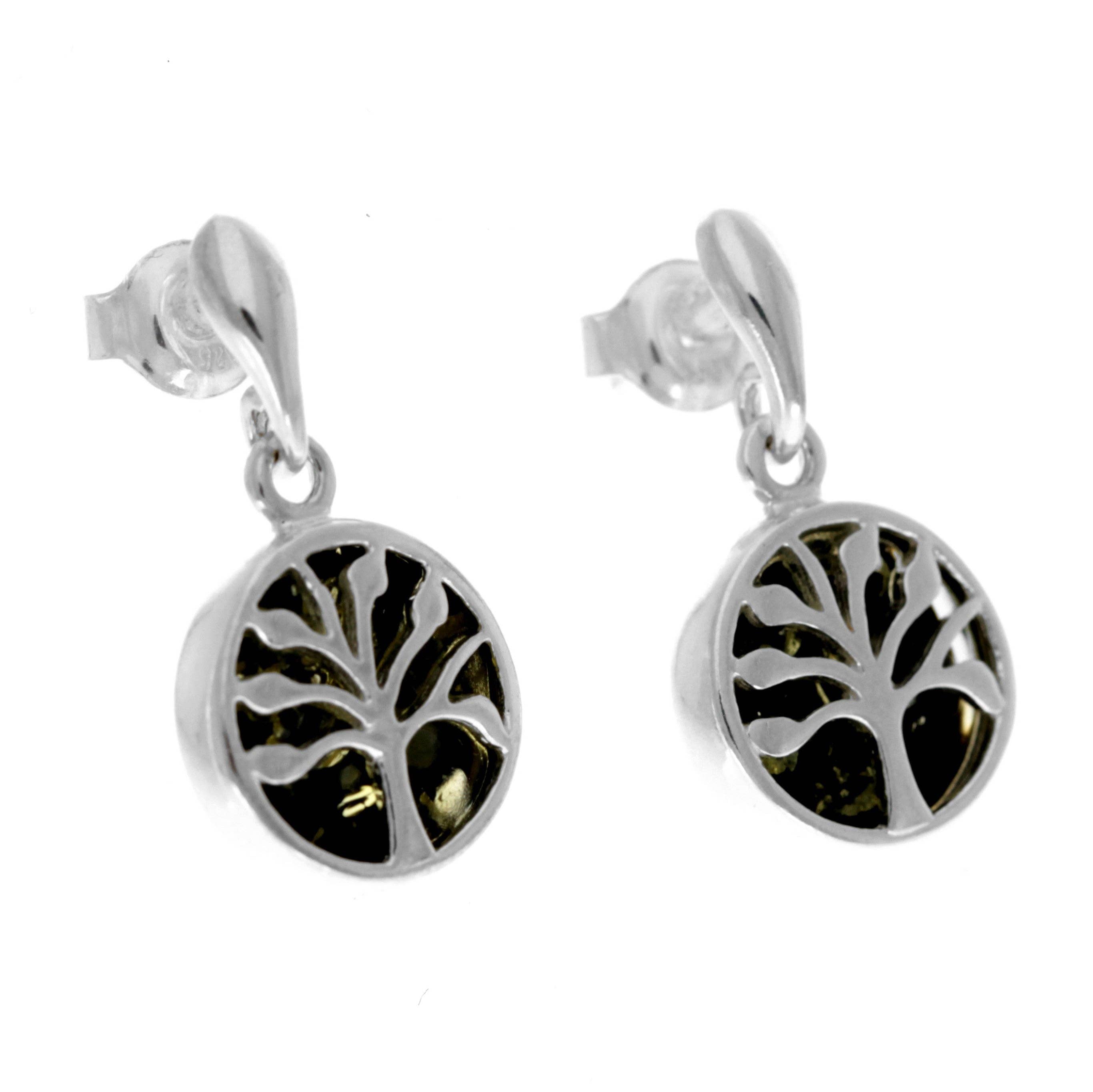 SilverAmber Jewellery – wholesale Dangle earrings – 925 Sterling Silver & Genuine Baltic Amber Tree of Life Drop Studs Earrings - GL10047