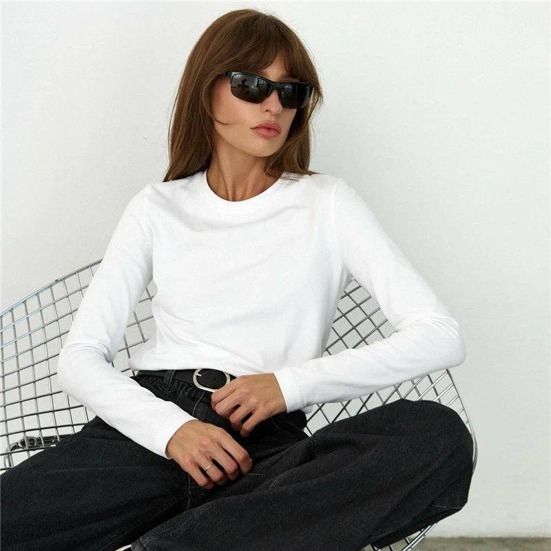 OceanusSwim – wholesale T-shirt – women's – Solid Color Round Neck Long Sleeve T-Shirt2