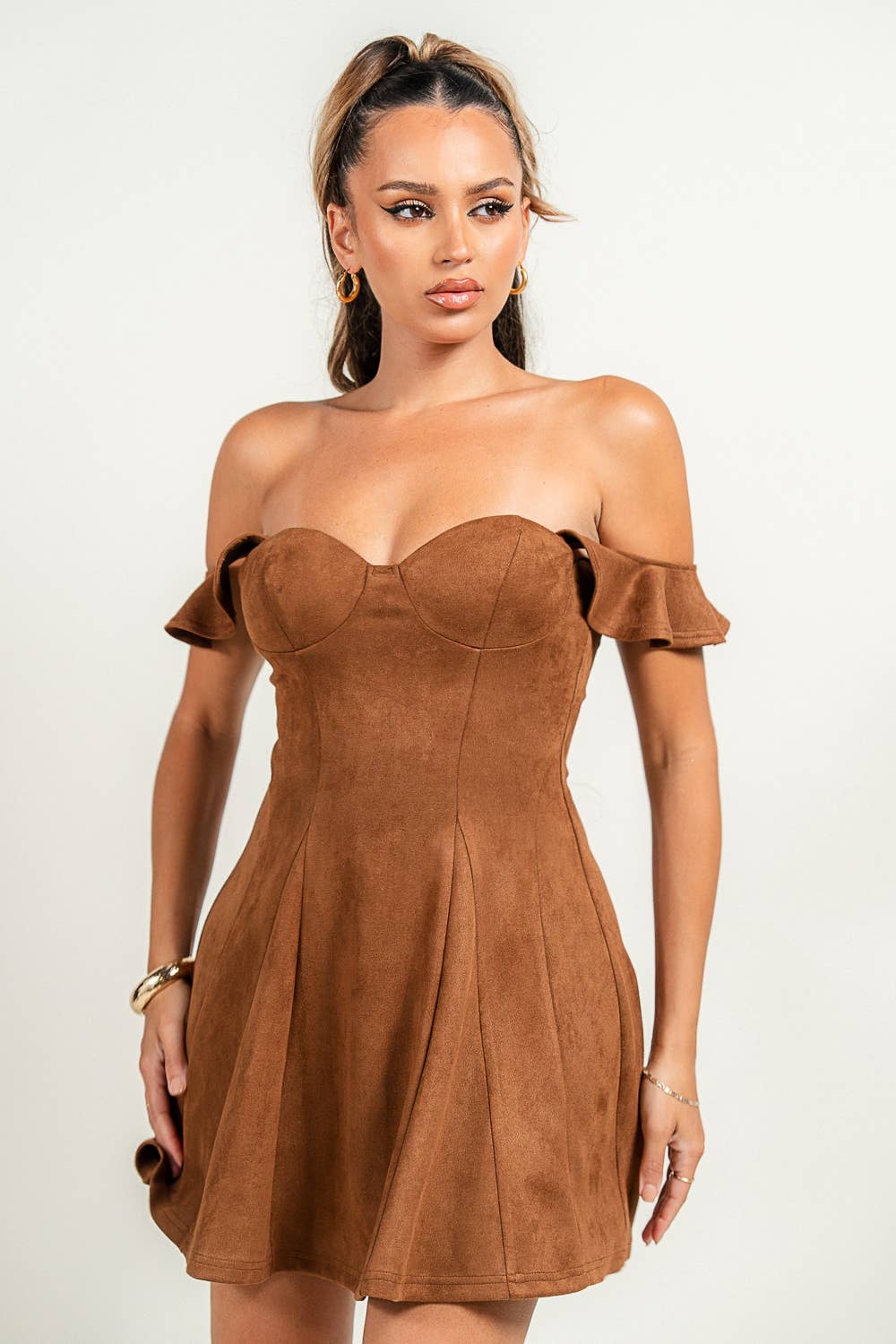 PRIVY - Vente Robe – femme - Robe mini évasée bustier à épaules dénudées PD79236B10