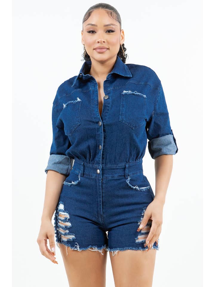 Uptown Apparel - Wholesale Romper - Women's - J7802 LONG SLEEVE WASHED AND DISTRESSED DENIM ROMPER