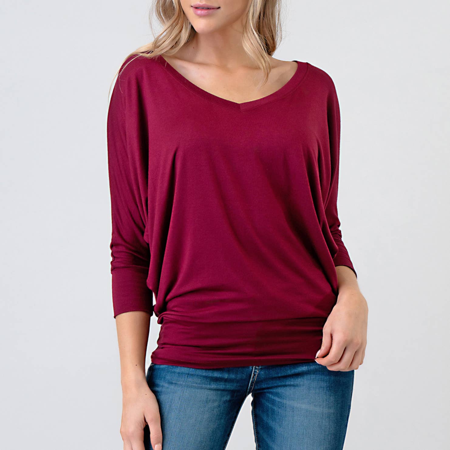 Heimious - Wholesale Knit Top - Women's - 3/4 Dolman Sleeve V-neck Modal Jersey Top, 257351