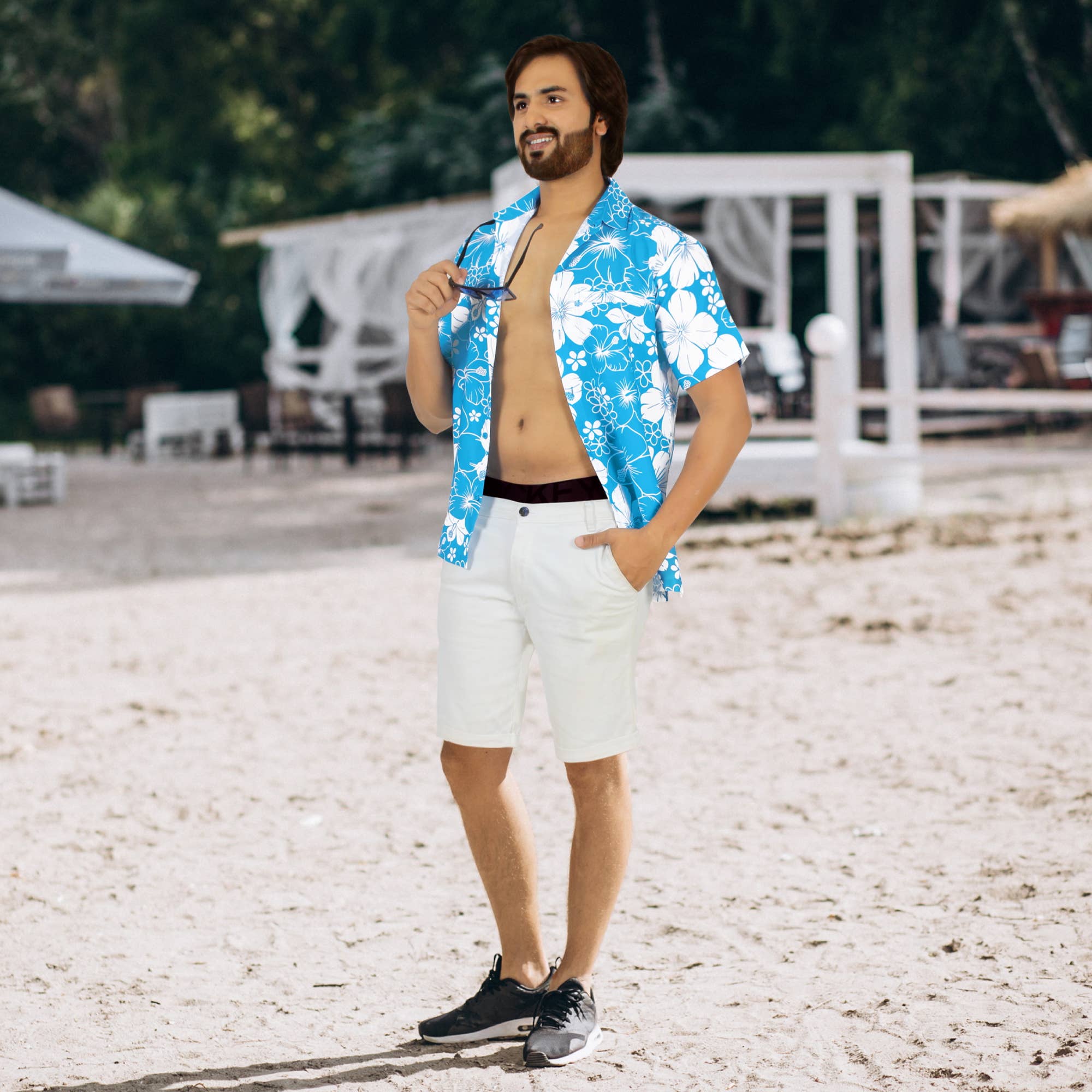 Teal Blue Hibiscus Floral Beach Hawaiian Shirt Men P00021 for wholesale on Faire1