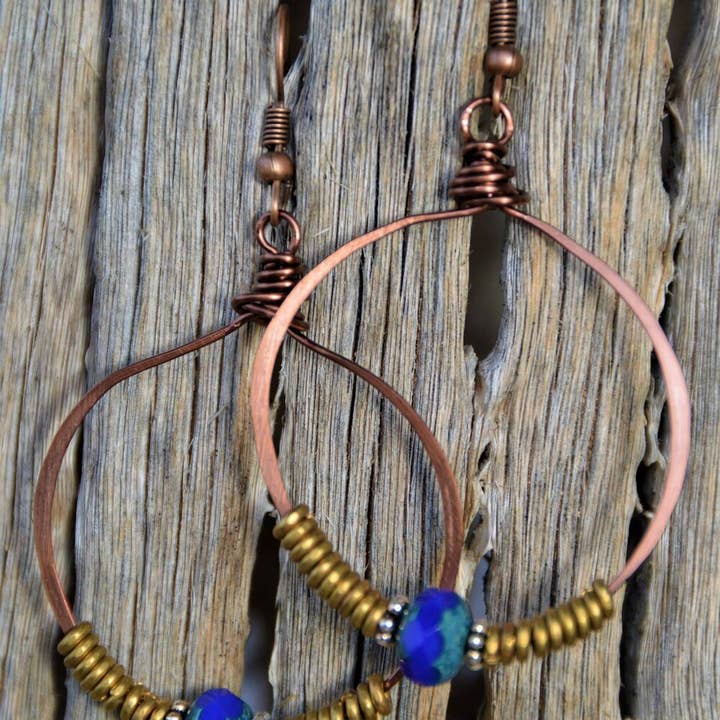 Cobalt, Hammered Copper Hoop Earrings for wholesale by Casa Kira