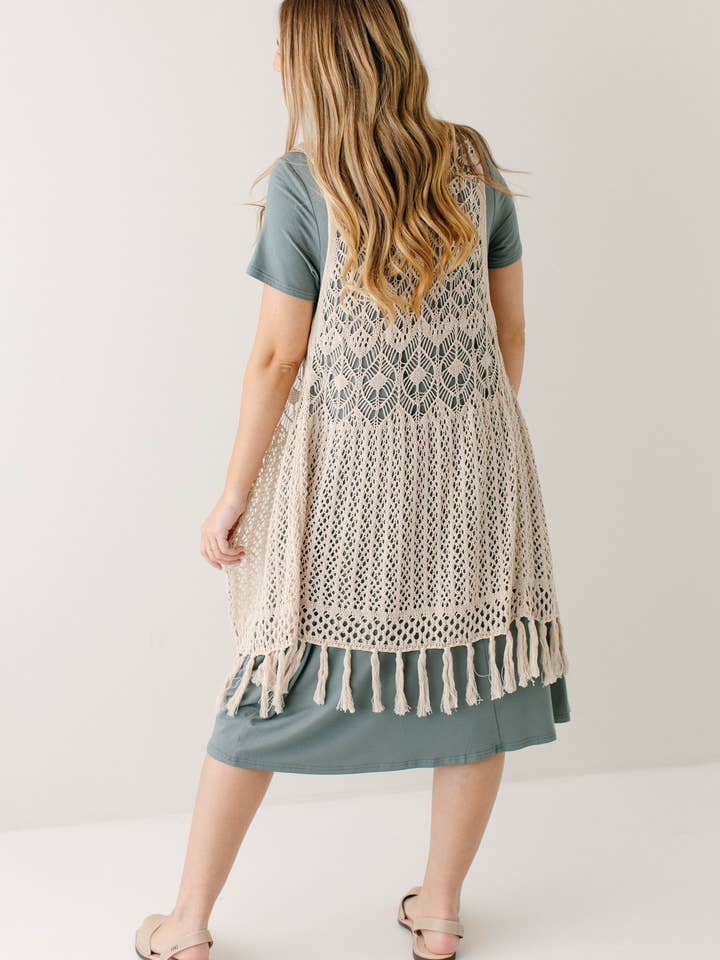 'Cameron' Cotton Crochet Knit Vest in Tan FINAL SALE for wholesale on Faire6