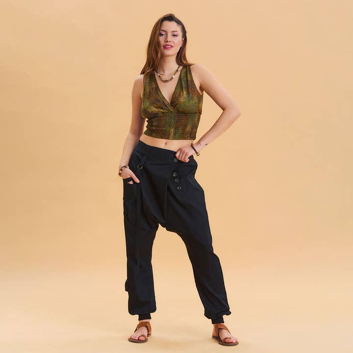 Shalwar bohémien noir avec taille élastique et détail de corde pour la vente par Los Banditos