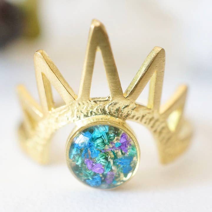 Real Pressed Flower and Resin Ring, Gold Half Sun in Blue Teal Purple for wholesale by Ann + Joy