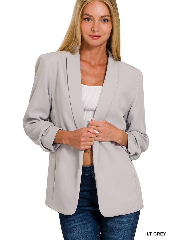 Vanilla Monkey - Wholesale Blazer - Women's - Woven 3/4 Ruched Sleeve Open Front Classic Blazer