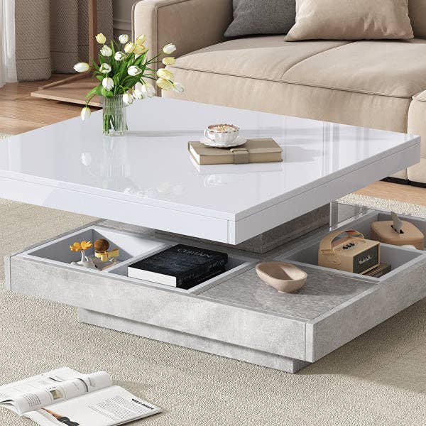 Urban Meuble - Wholesale Coffee Table - Double-tier coffee table with a glossy finish, 360° swivel in white and light gray marble effect 70*70cm ACHO8