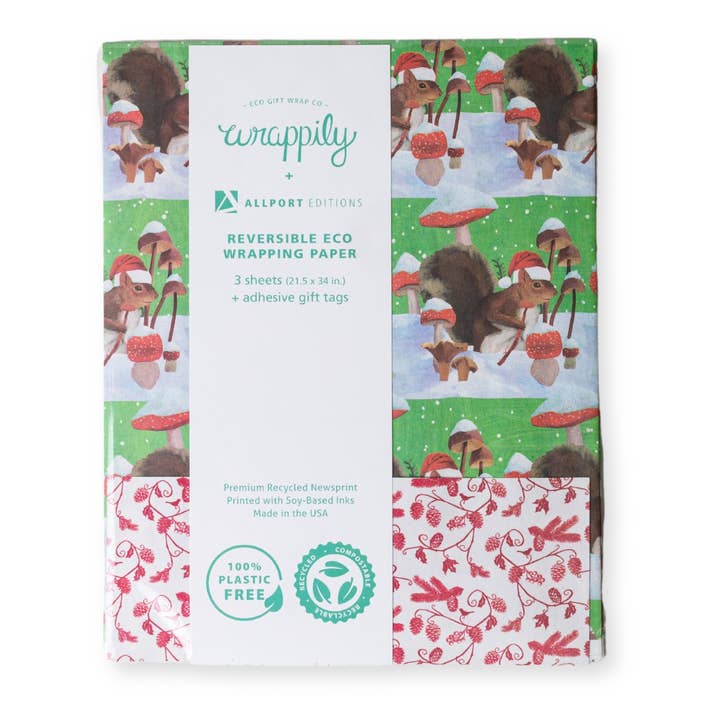 Wrappily Eco Gift Wrap Co. - Wholesale Flat Wrap - Squirrel + Mushrooms • Double-Sided Eco Wrapping Paper1