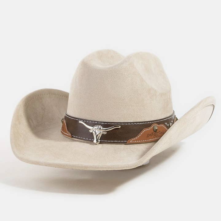Collections by Fame Accessories - Wholesale Cowboy Hat - Women's - Western Long Horn Leather Strap Cowboy Hat