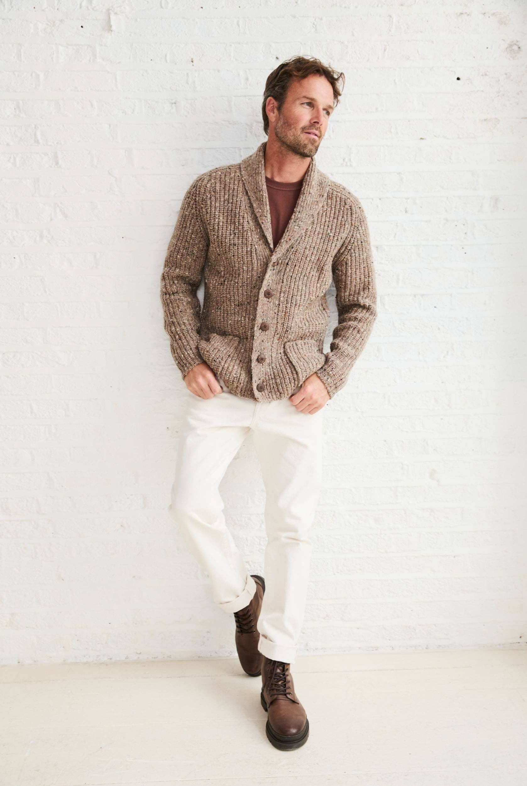 Aran Woollen Mills – wholesale Cardigan – Men's – Curragh Mens Rib Shawl Cardigan - Oat4