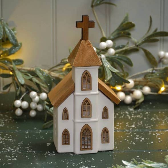 Love at Christmas Ceramic Led Church With Elements of Wood for wholesale by Langs