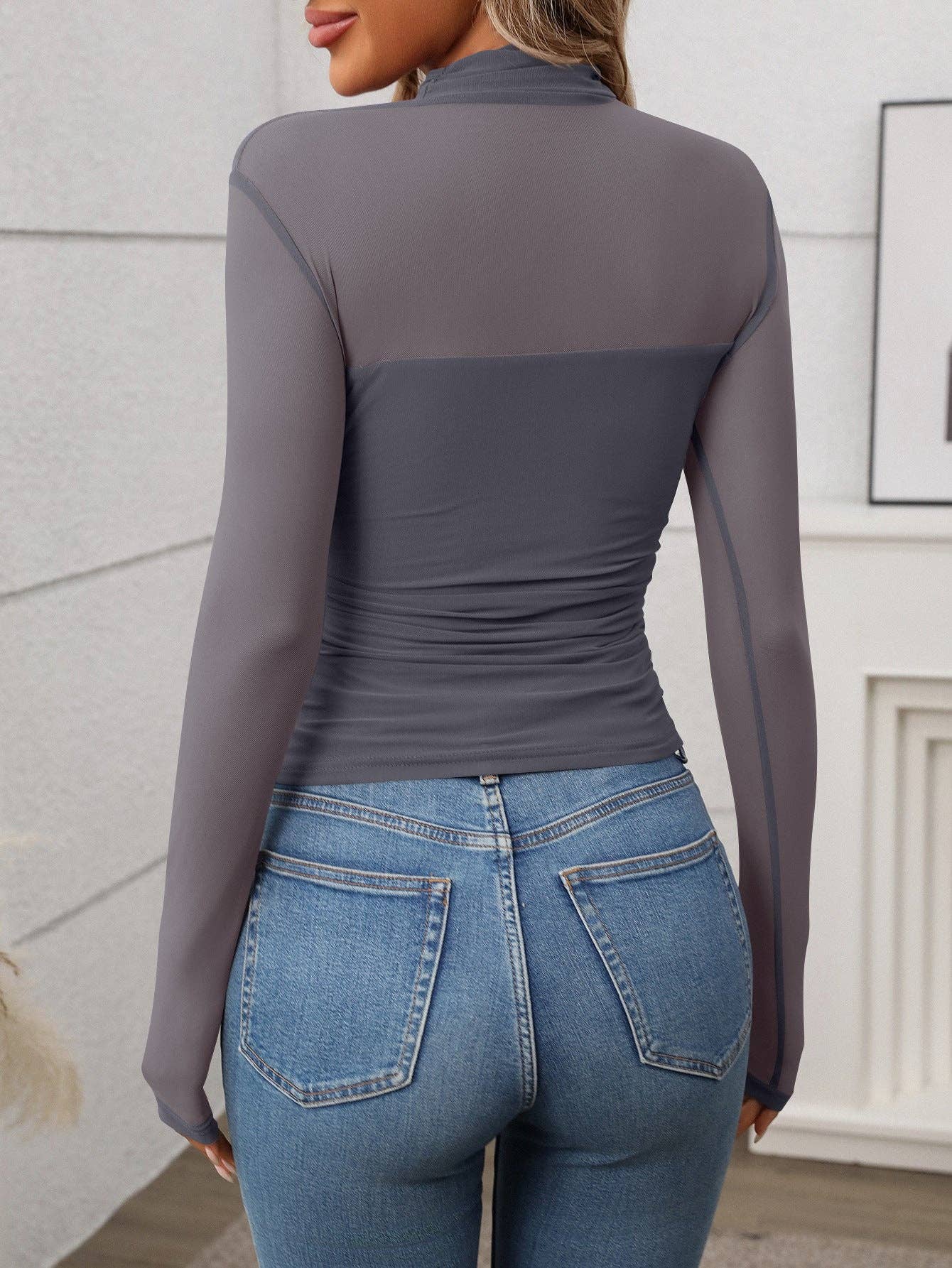 Lovesoft - Wholesale Knit Top - Women's - Women's Half High Neck Sheer Long Sleeve Sexy Y2K Mesh Top4