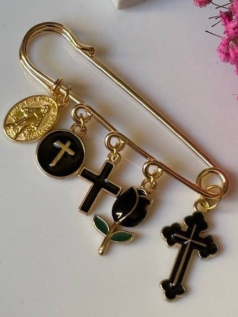 Ex-voto brooch, religious medal brooch, lucky charm pin brooch, handmade miraculous cross and virgin, tulip protection brooch for wholesale by Miss DJ Angel