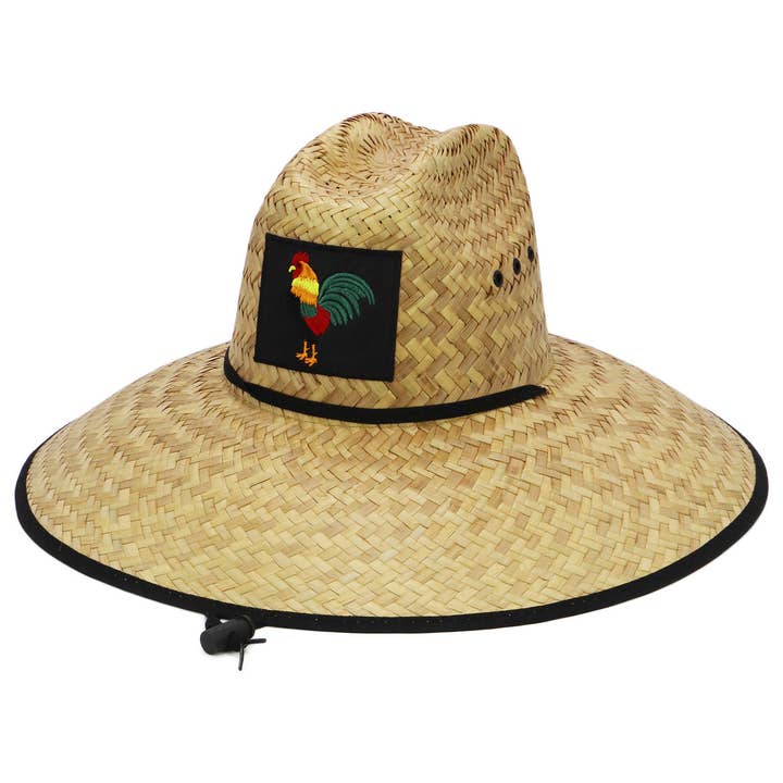 Black Rooster El Gallo Patch Eyelet Straw Lifeguard Hat for wholesale on Faire