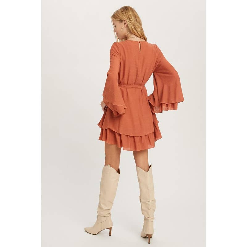 Pink Irene Wholesale - Wholesale Dress - Women's - LONG BELL SEEVE SELF TIE RUFFLE HEM SOLID DRESS14