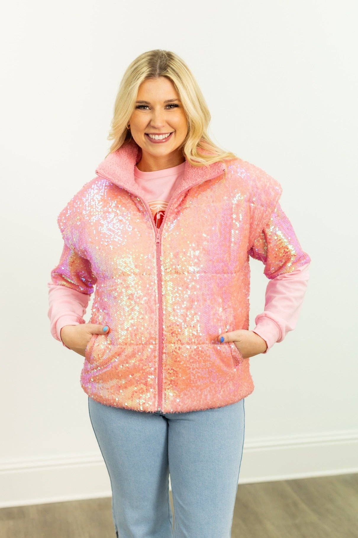 Sequin Puffer Vest, Pink for wholesale on Faire6